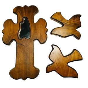 Vintage Solid Wood Cross w/ Mirror and 2 Dove Set Religious Rustic Artisan‎ Made